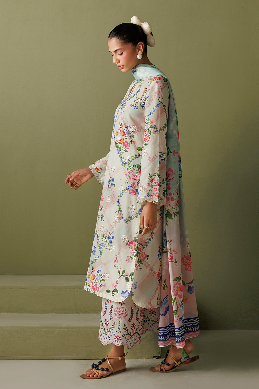 Pastel Pink Floral Embroidered Lawn Suit with Cotton Silk Dupatta