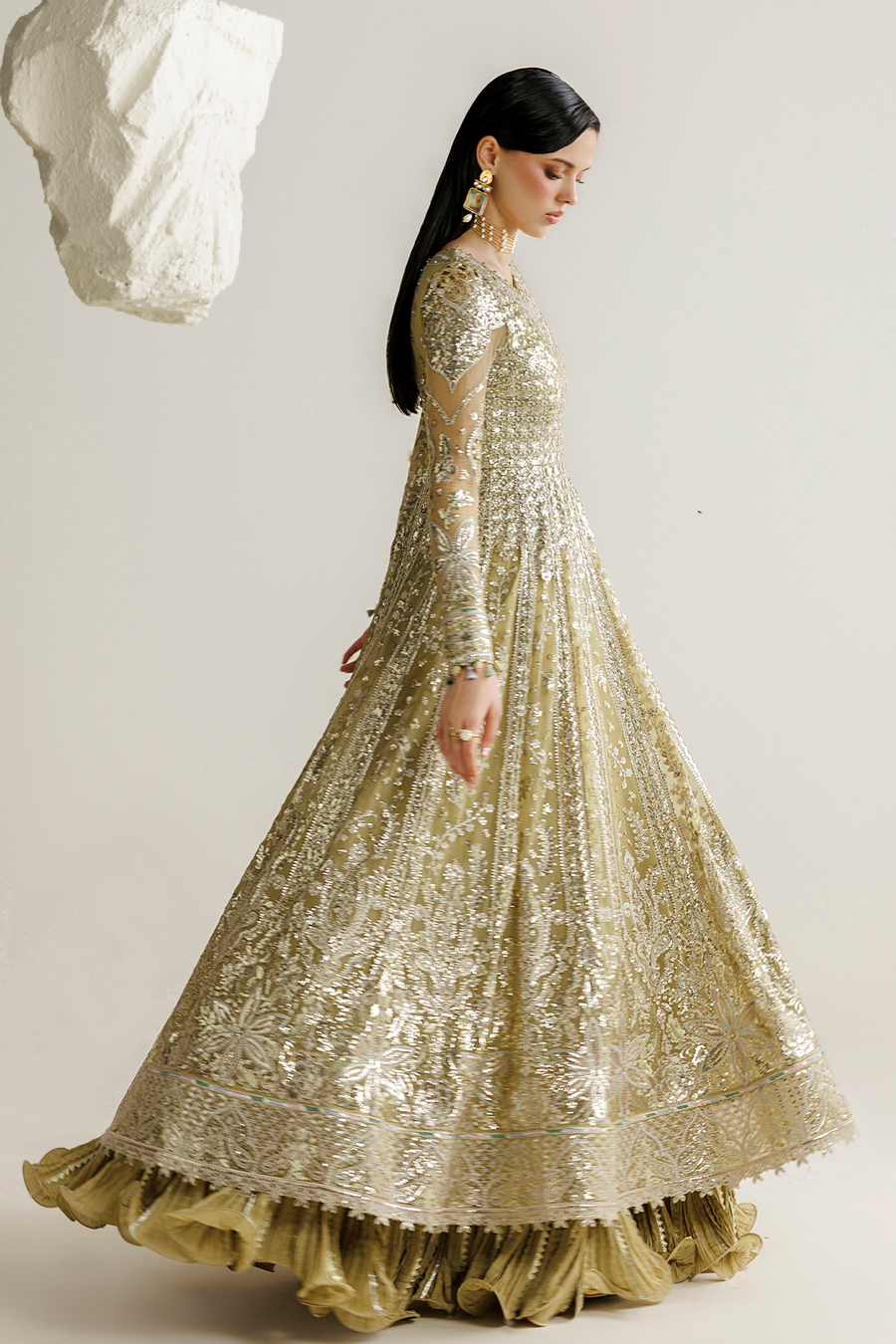 Antique Gold Embroidered Chiffon 3-Piece Suit with Organza Dupatta