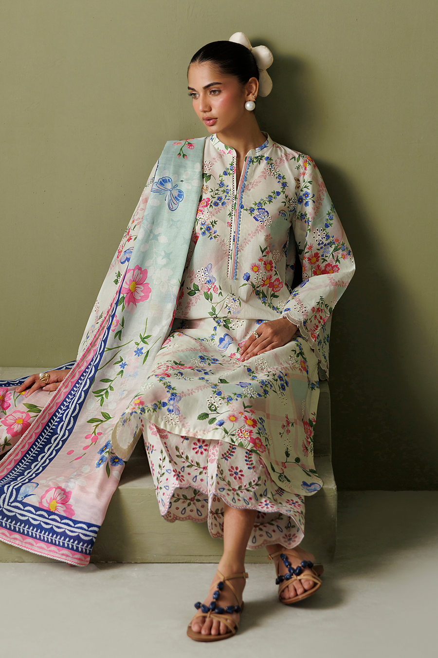 Pastel Pink Floral Embroidered Lawn Suit with Cotton Silk Dupatta