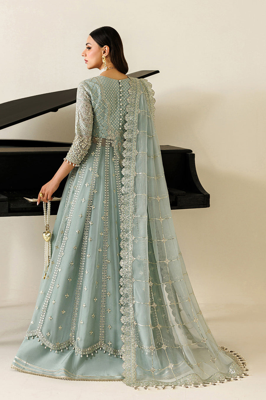 The Majestic 18-Panel Pishwas: Hand-Crafted Bamber Chiffon & Raw Silk Set - Pehnaawaa