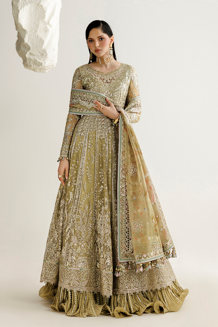 Antique Gold Embroidered Chiffon 3-Piece Suit with Organza Dupatta