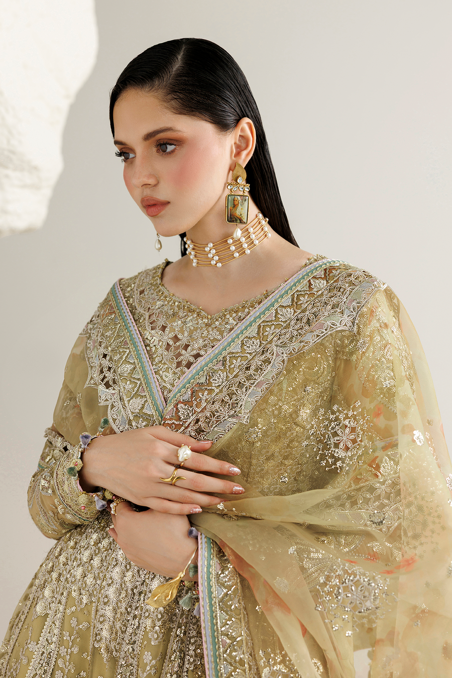 Antique Gold Embroidered Chiffon 3-Piece Suit with Organza Dupatta