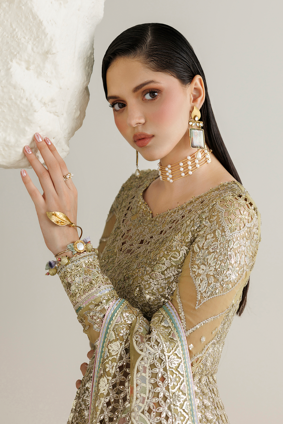 Antique Gold Embroidered Chiffon 3-Piece Suit with Organza Dupatta