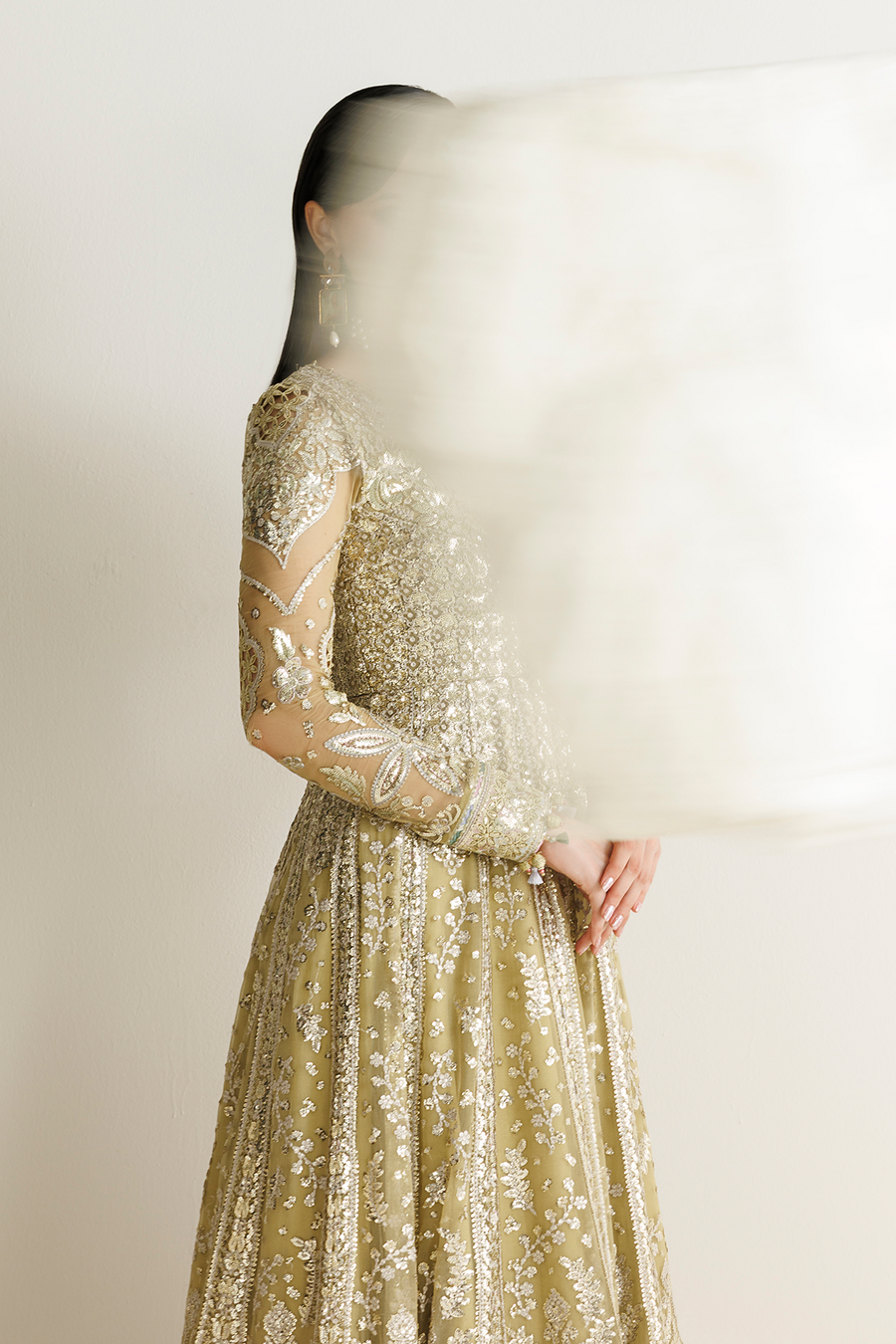 Antique Gold Embroidered Chiffon 3-Piece Suit with Organza Dupatta