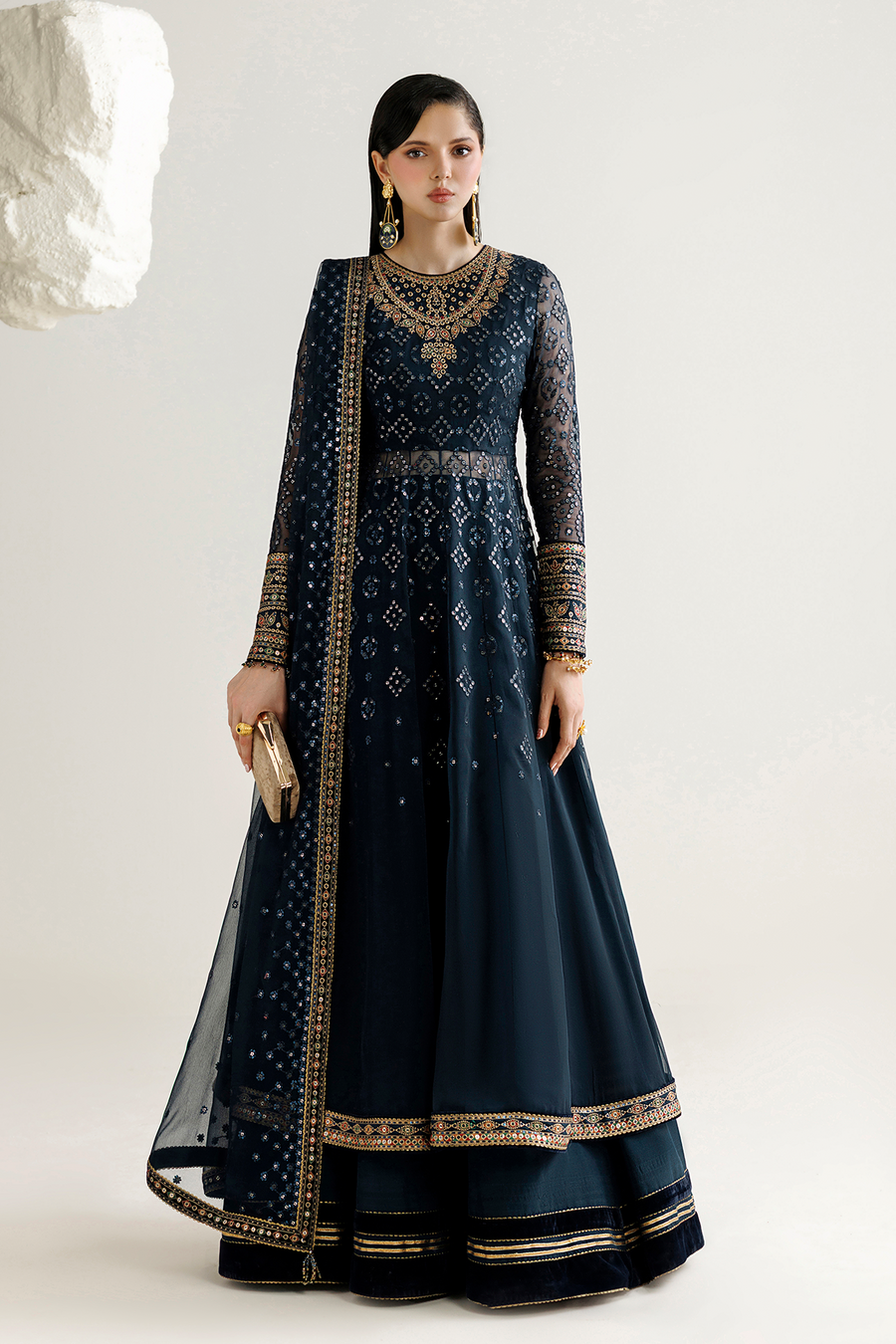 Navy Blue Embroidered Chiffon 3-Piece Suit with Velvet Borders