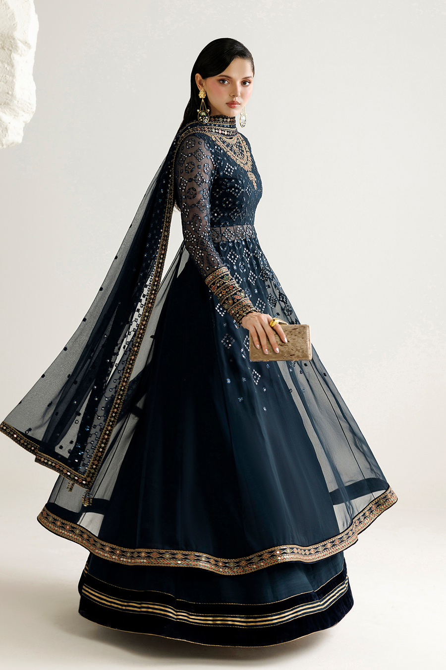 Navy Blue Embroidered Chiffon 3-Piece Suit with Velvet Borders