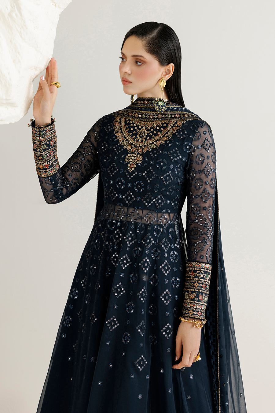 Navy Blue Embroidered Chiffon 3-Piece Suit with Velvet Borders