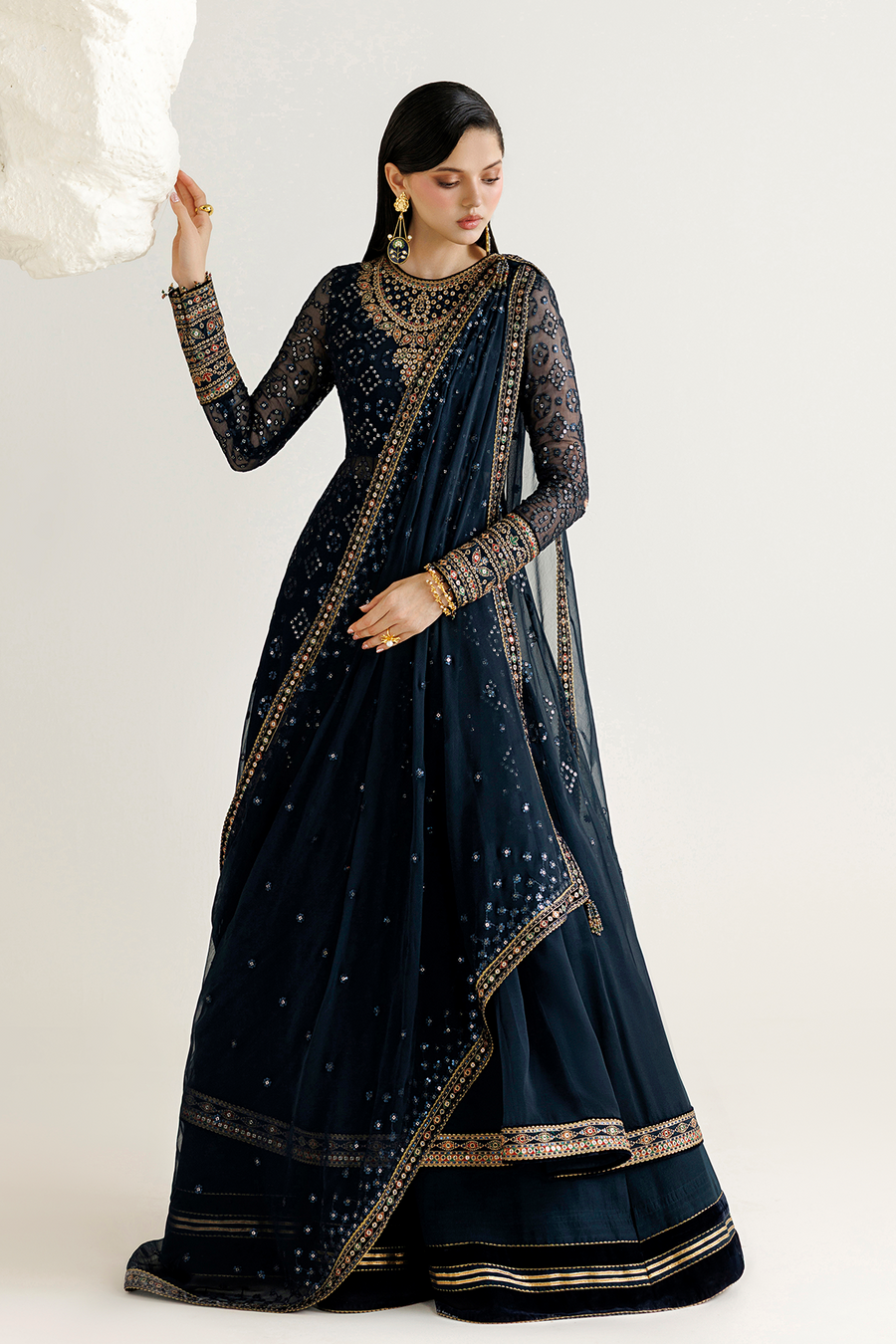 Navy Blue Embroidered Chiffon 3-Piece Suit with Velvet Borders