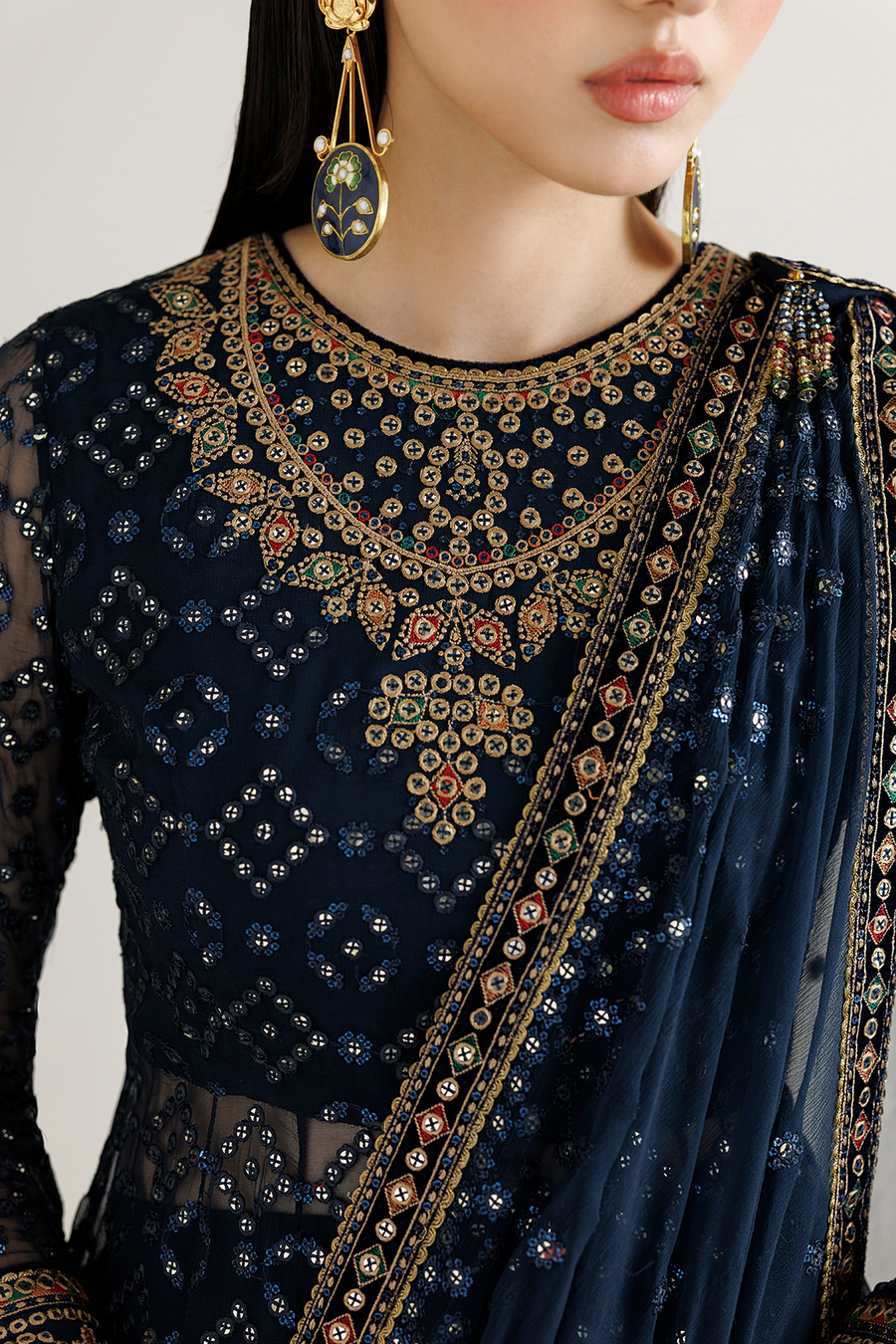 Navy Blue Embroidered Chiffon 3-Piece Suit with Velvet Borders