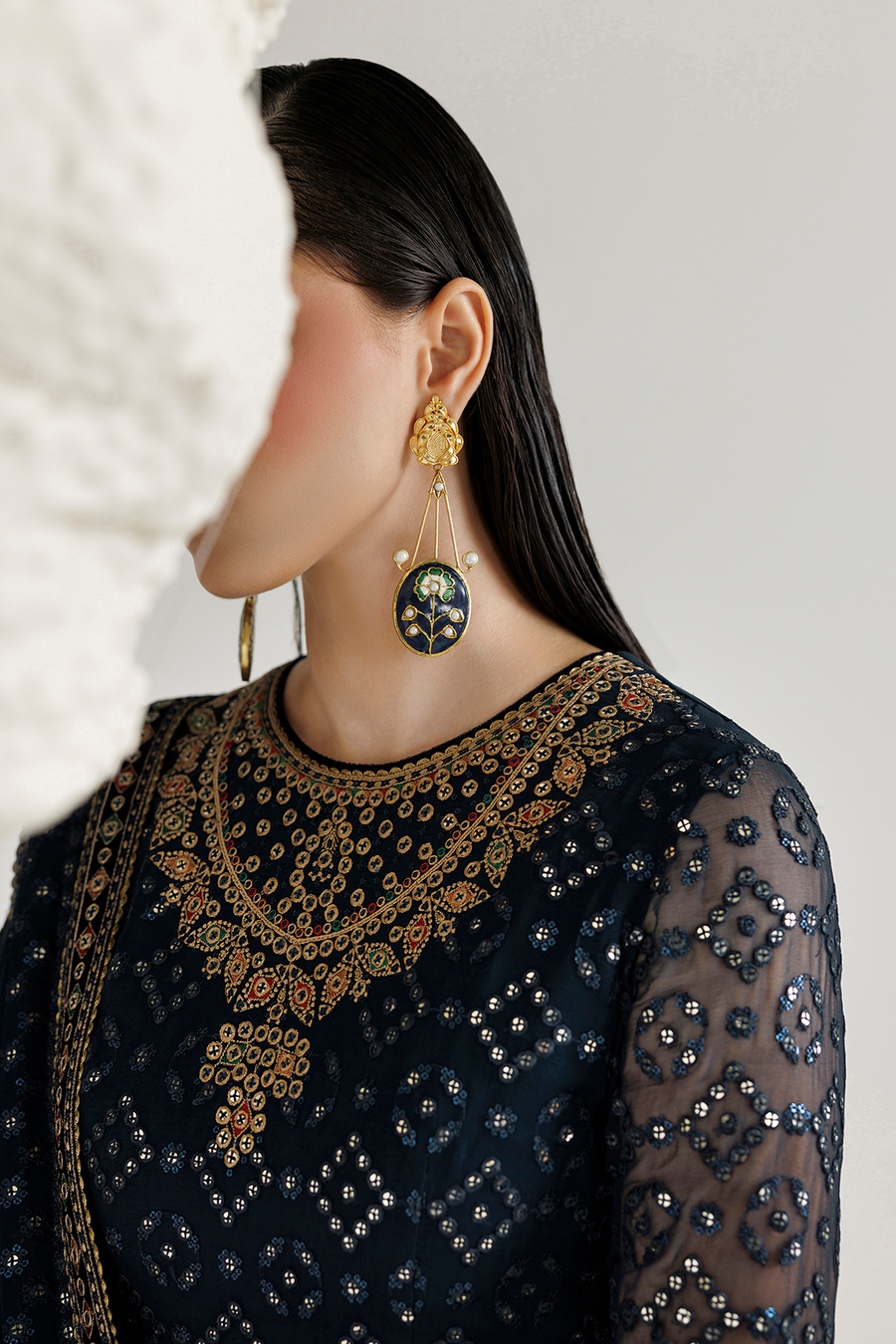 Navy Blue Embroidered Chiffon 3-Piece Suit with Velvet Borders
