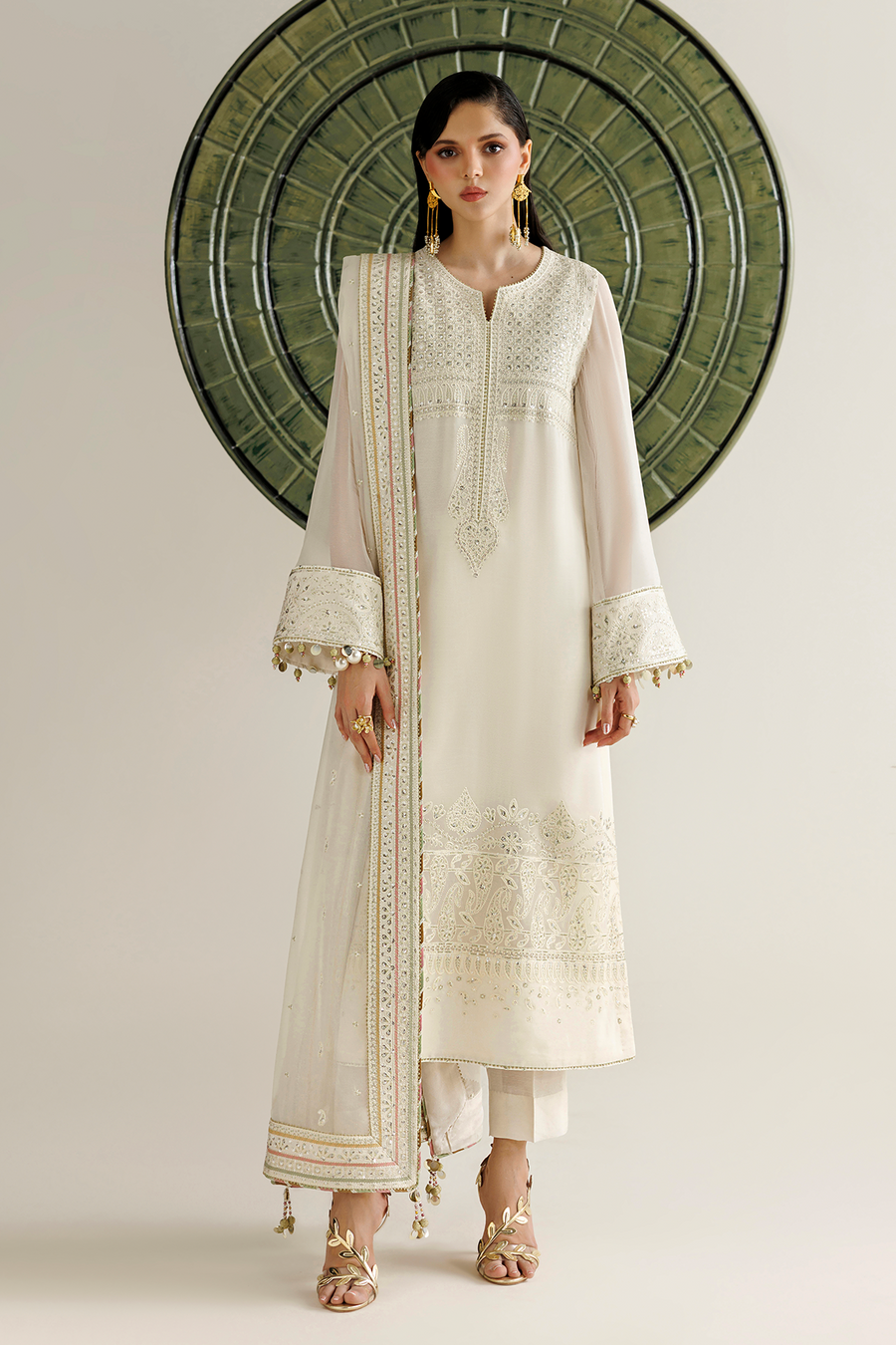 Ivory Embroidered Chiffon 3-Piece Suit with Embellished Dupatta