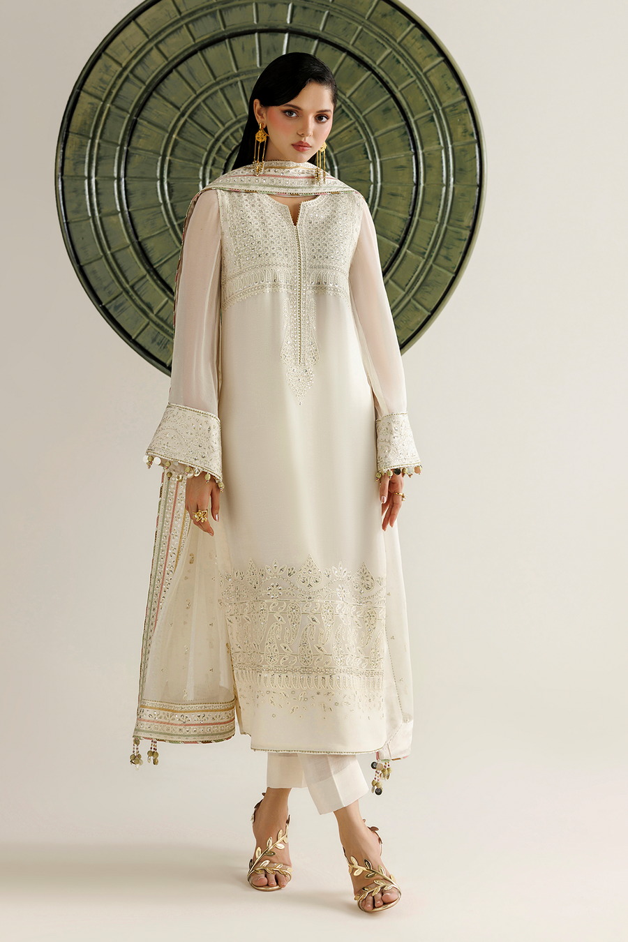 Ivory Embroidered Chiffon 3-Piece Suit with Embellished Dupatta