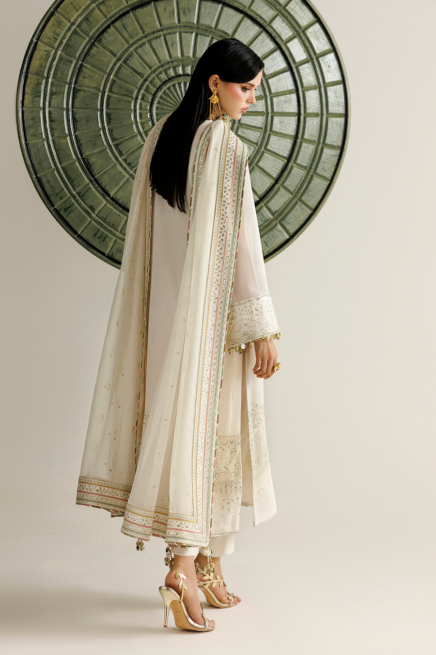 Ivory Embroidered Chiffon 3-Piece Suit with Embellished Dupatta