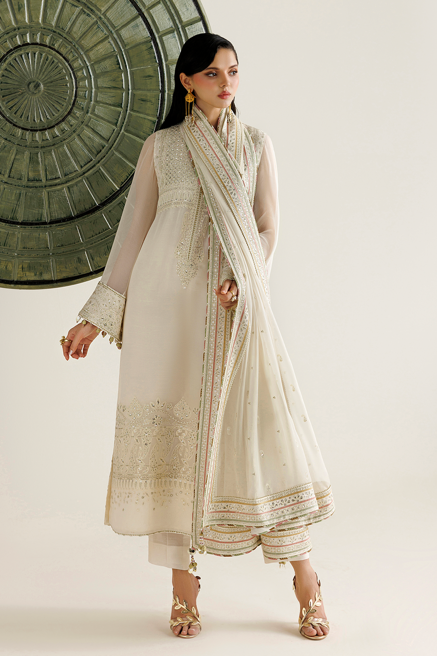 Ivory Embroidered Chiffon 3-Piece Suit with Embellished Dupatta