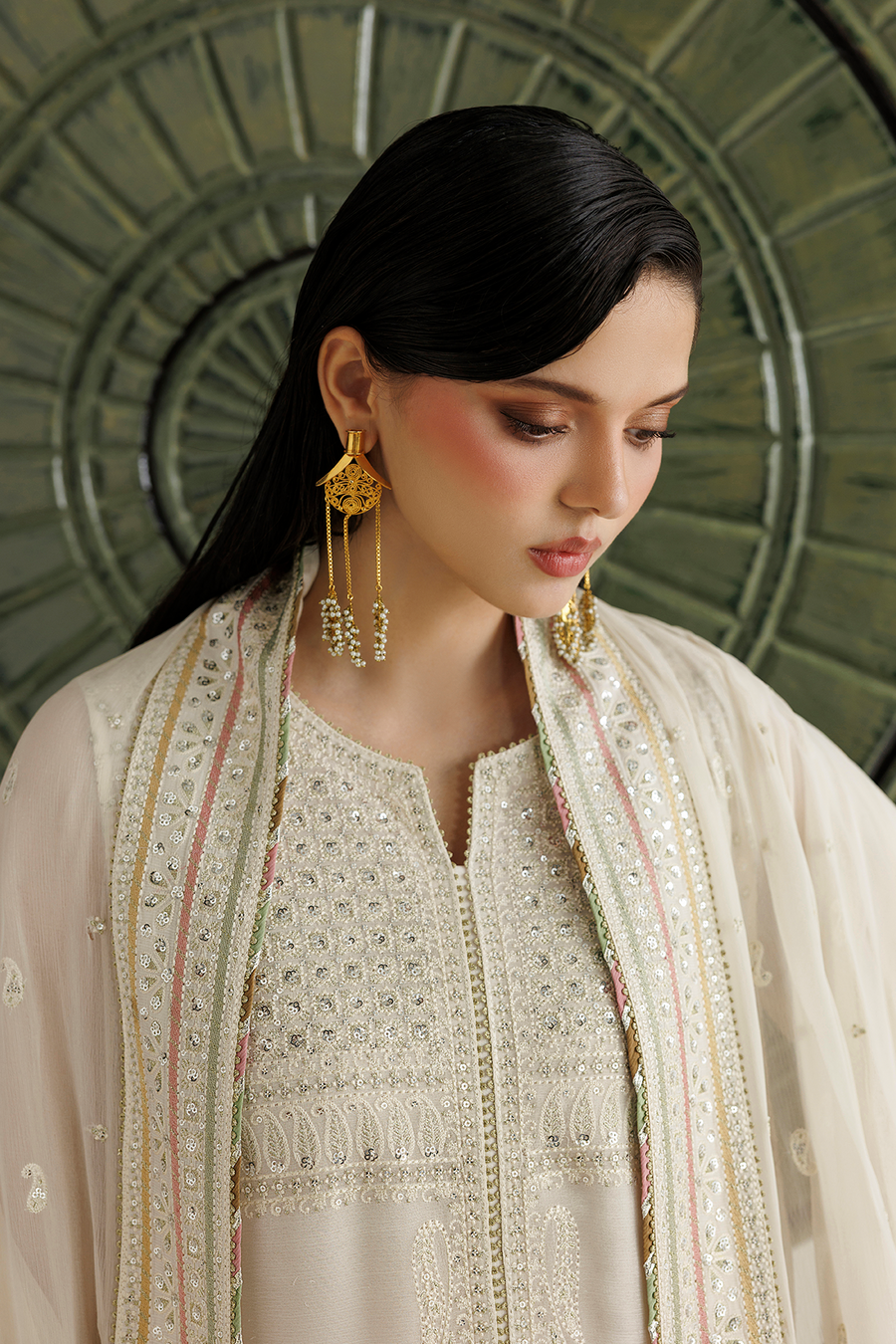 Ivory Embroidered Chiffon 3-Piece Suit with Embellished Dupatta