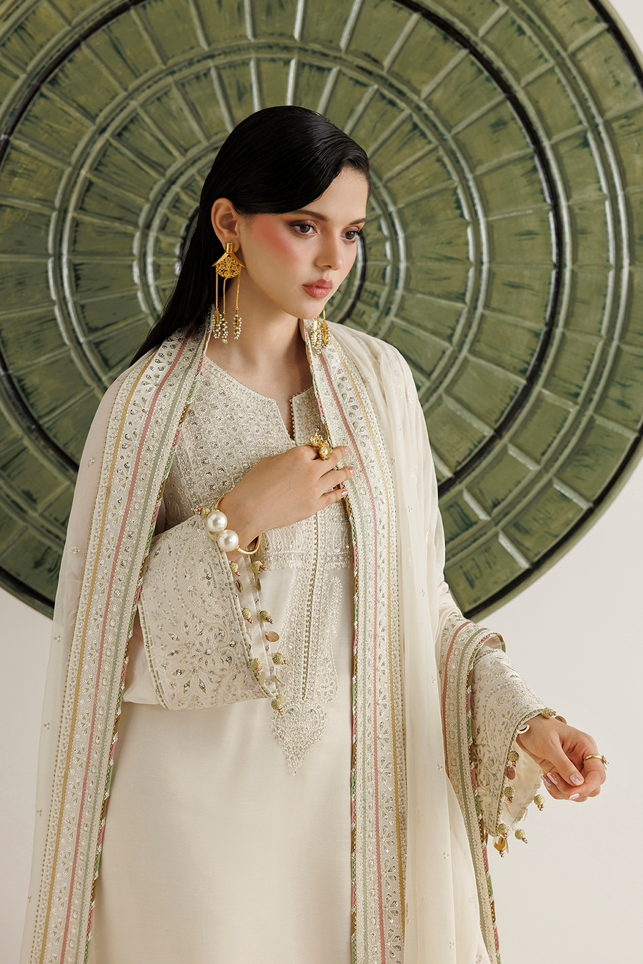 Ivory Embroidered Chiffon 3-Piece Suit with Embellished Dupatta
