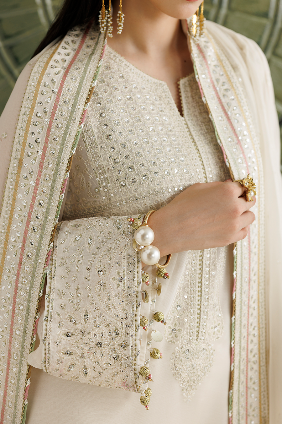 Ivory Embroidered Chiffon 3-Piece Suit with Embellished Dupatta