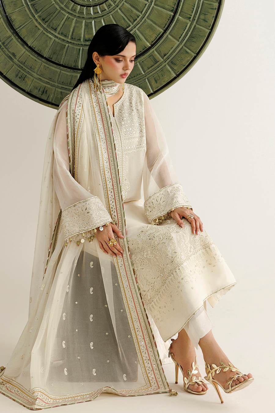 Ivory Embroidered Chiffon 3-Piece Suit with Embellished Dupatta