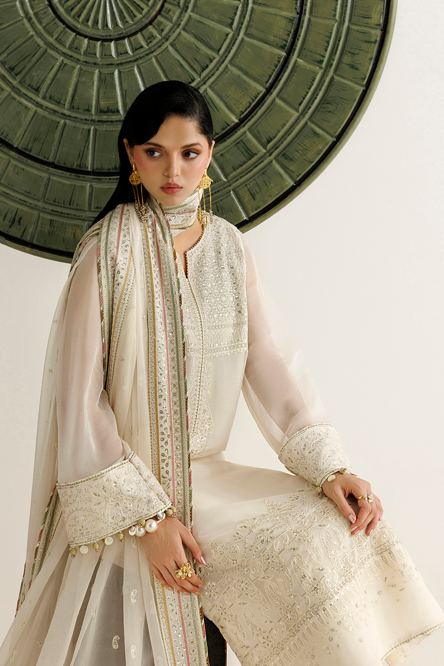 Ivory Embroidered Chiffon 3-Piece Suit with Embellished Dupatta