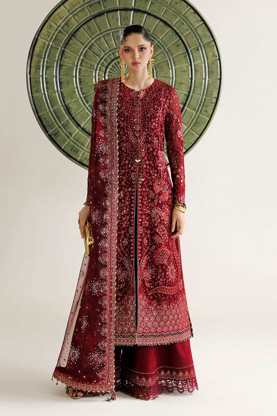 Deep Maroon Embroidered Chiffon 3-Piece Suit with Organza Dupatta