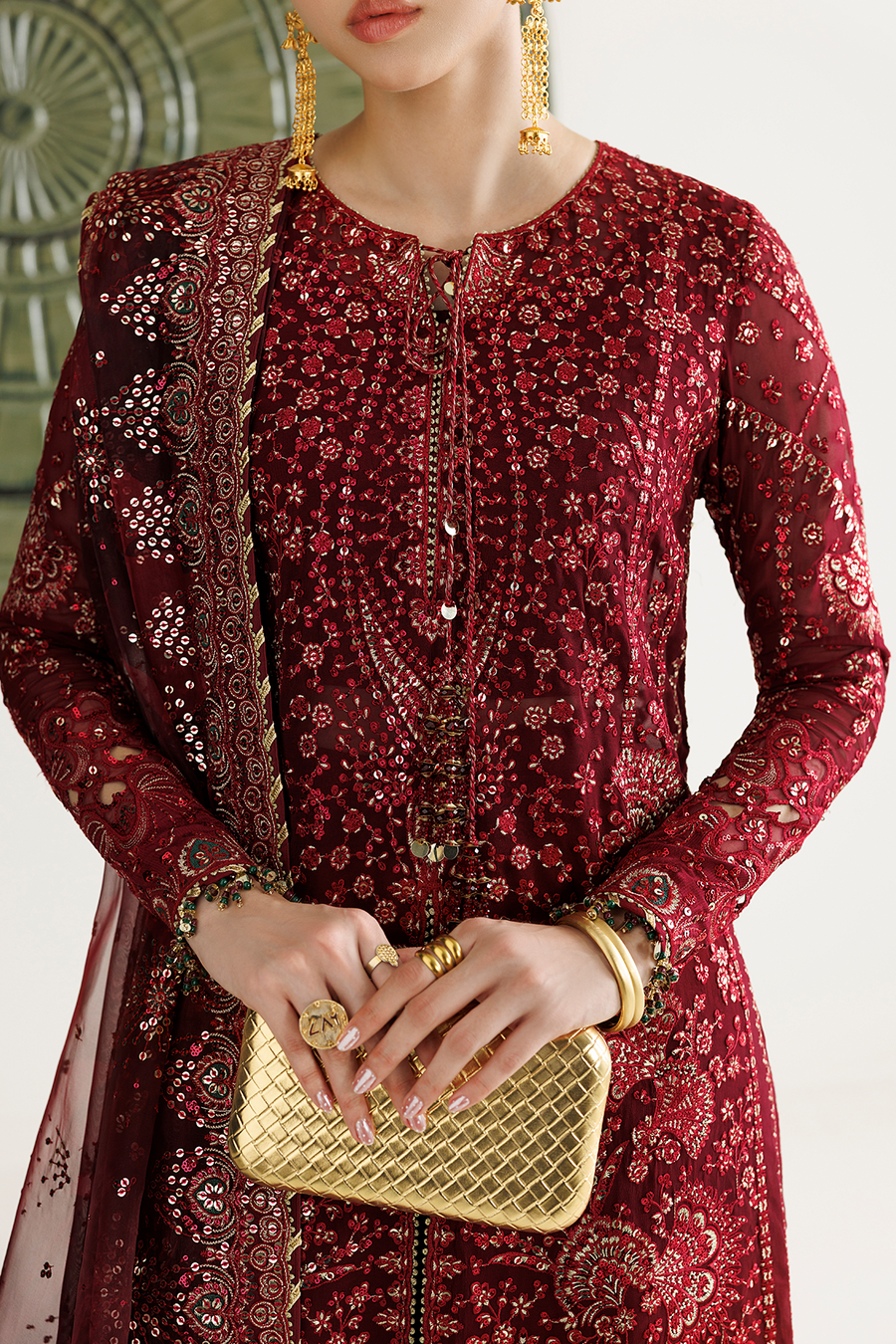 Deep Maroon Embroidered Chiffon 3-Piece Suit with Organza Dupatta