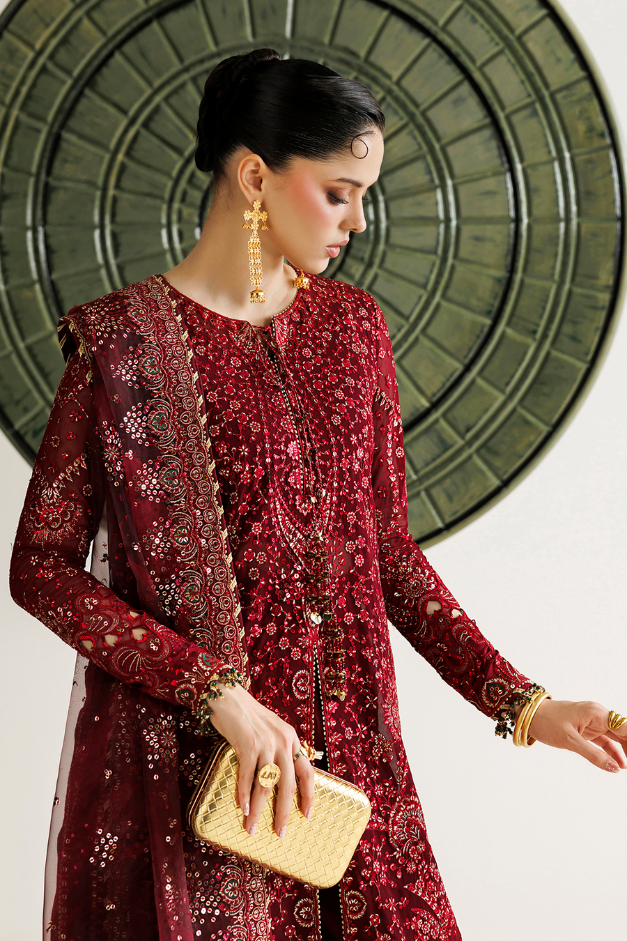 Deep Maroon Embroidered Chiffon 3-Piece Suit with Organza Dupatta