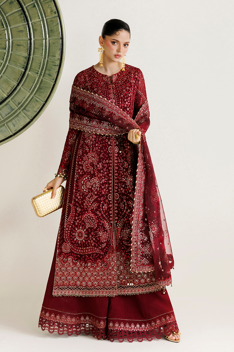 Deep Maroon Embroidered Chiffon 3-Piece Suit with Organza Dupatta