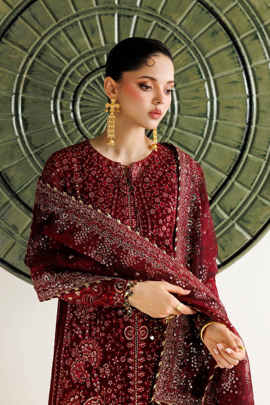 Deep Maroon Embroidered Chiffon 3-Piece Suit with Organza Dupatta