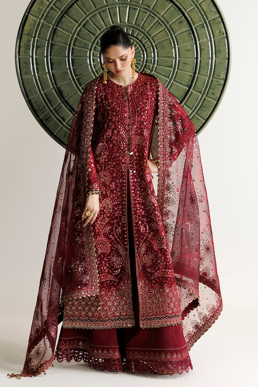 Deep Maroon Embroidered Chiffon 3-Piece Suit with Organza Dupatta