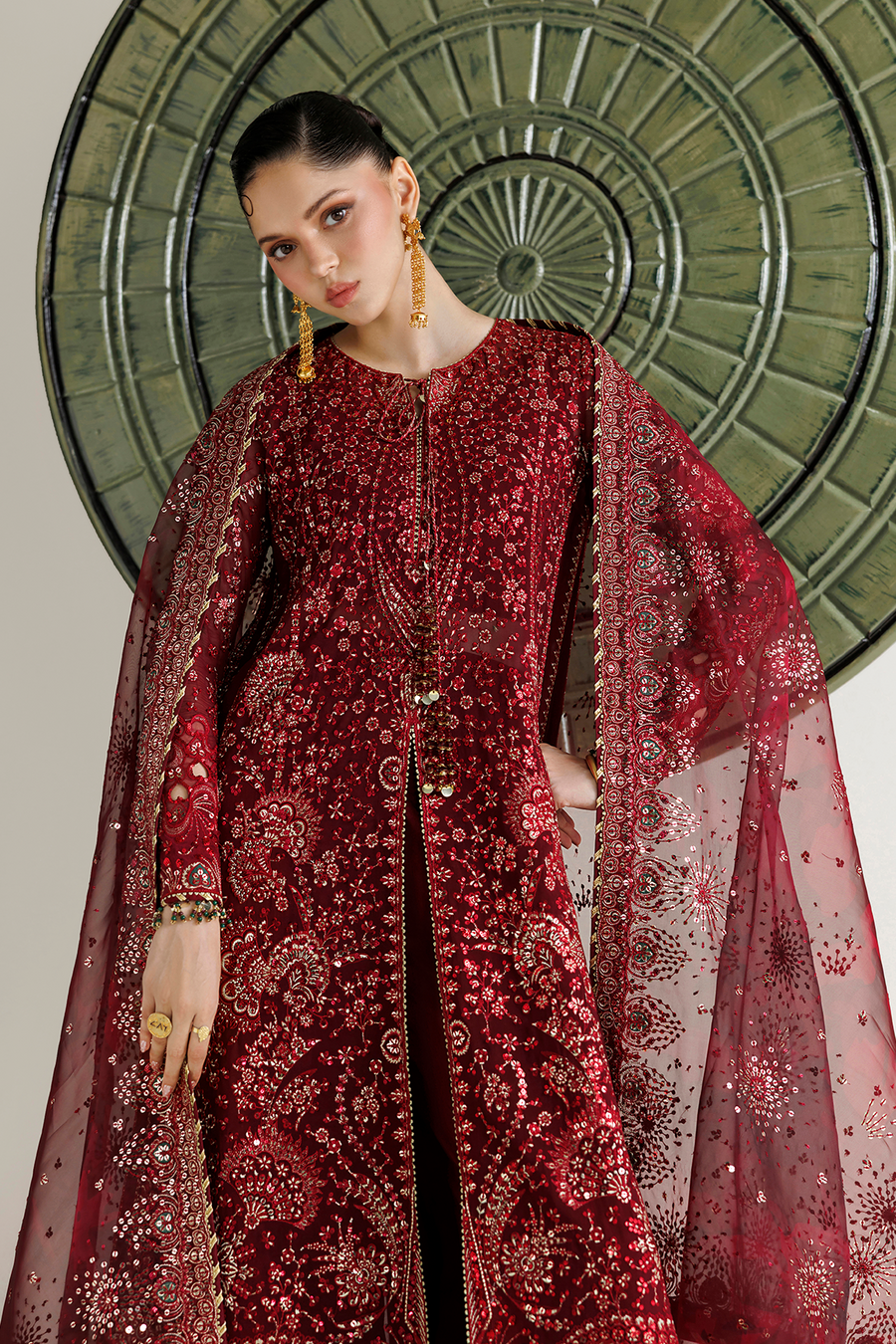 Deep Maroon Embroidered Chiffon 3-Piece Suit with Organza Dupatta