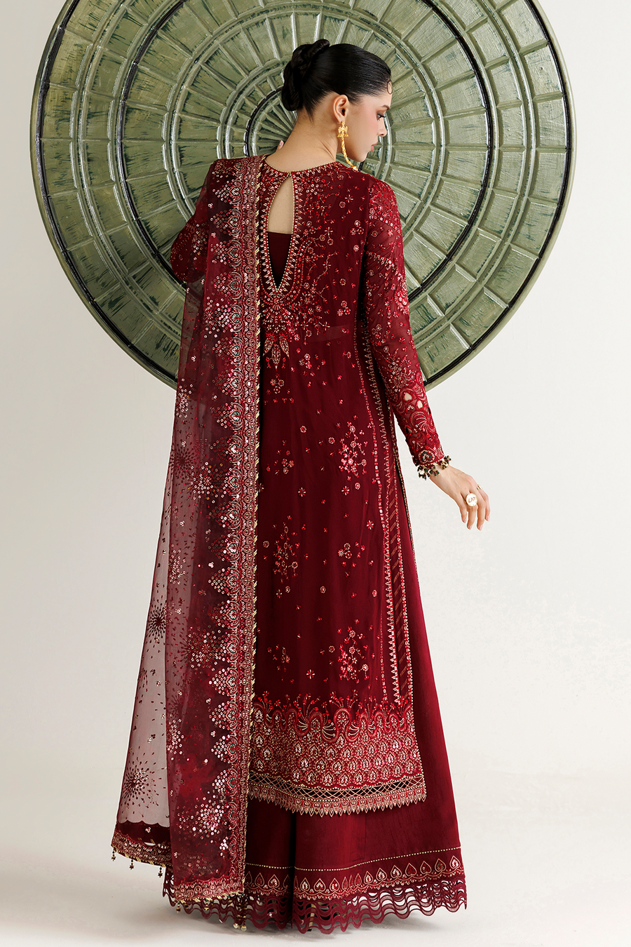 Deep Maroon Embroidered Chiffon 3-Piece Suit with Organza Dupatta