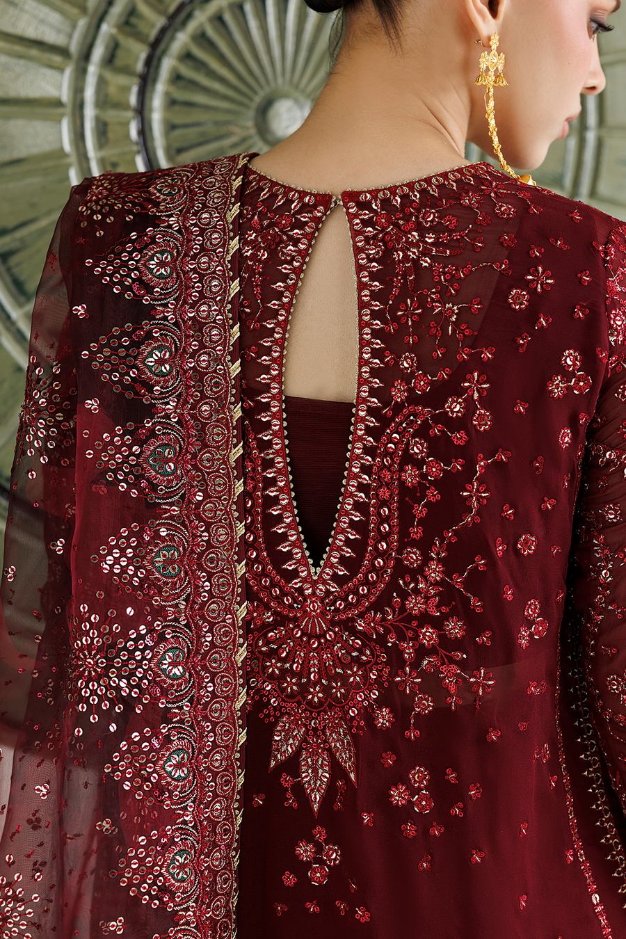 Deep Maroon Embroidered Chiffon 3-Piece Suit with Organza Dupatta