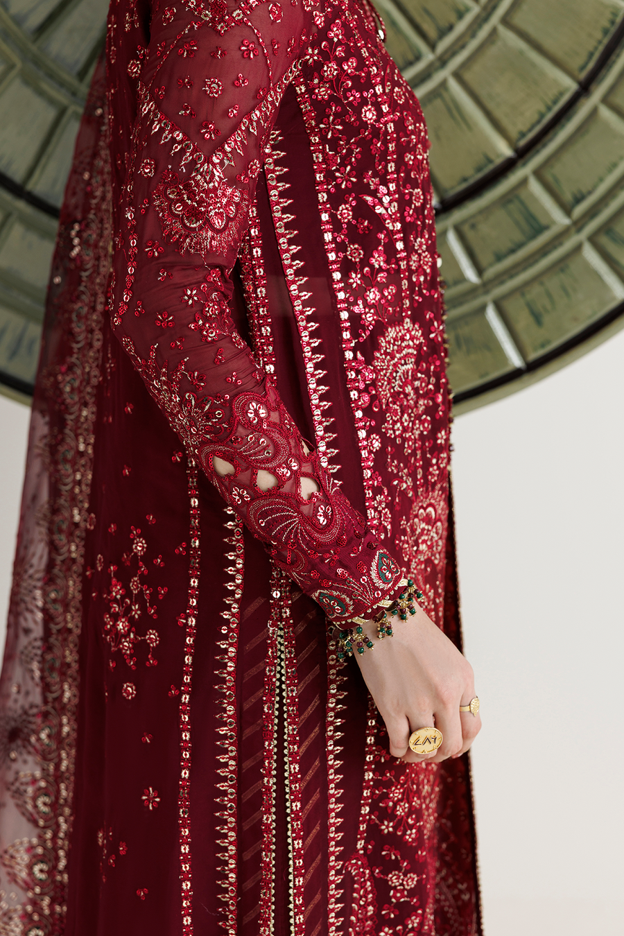 Deep Maroon Embroidered Chiffon 3-Piece Suit with Organza Dupatta