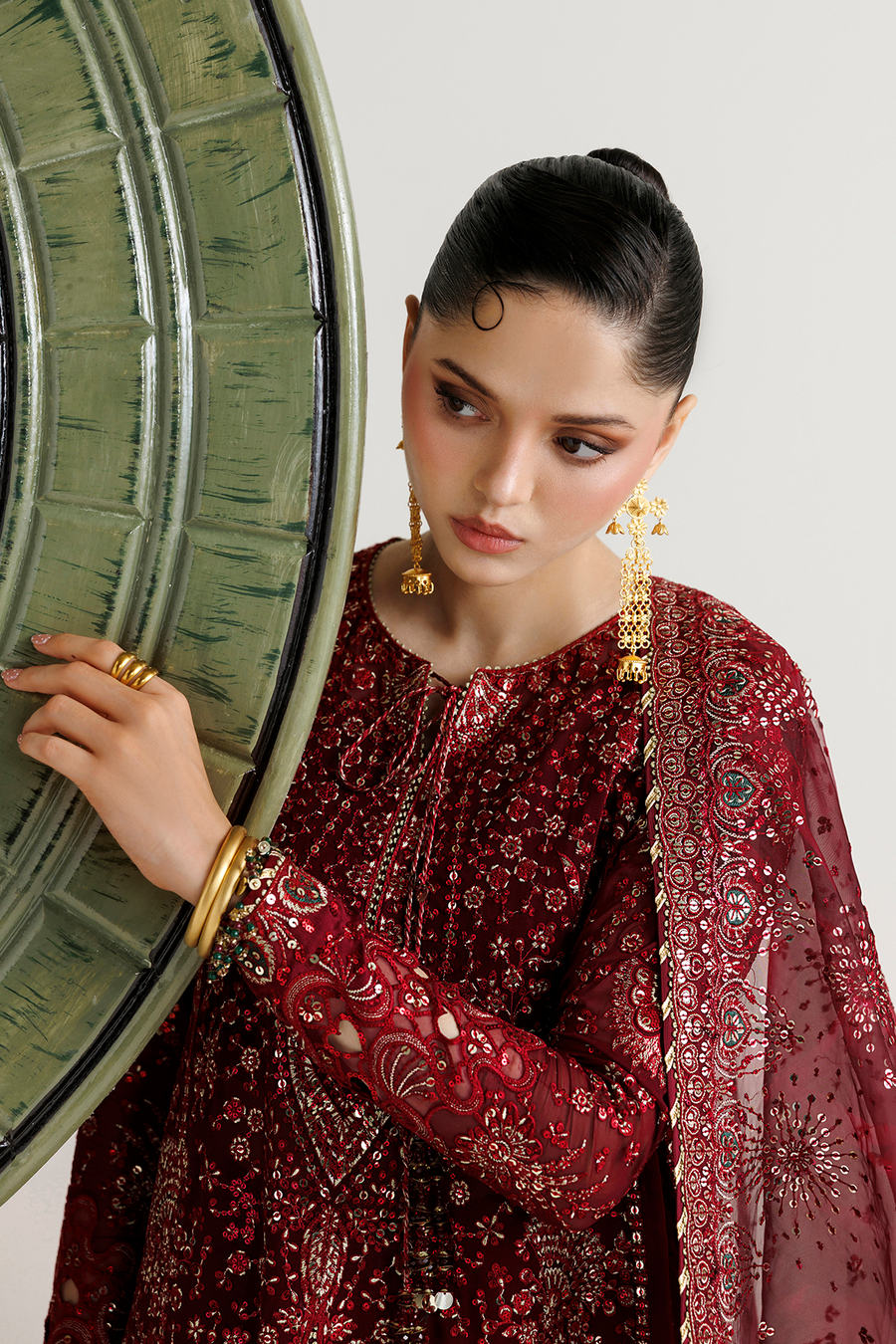 Deep Maroon Embroidered Chiffon 3-Piece Suit with Organza Dupatta