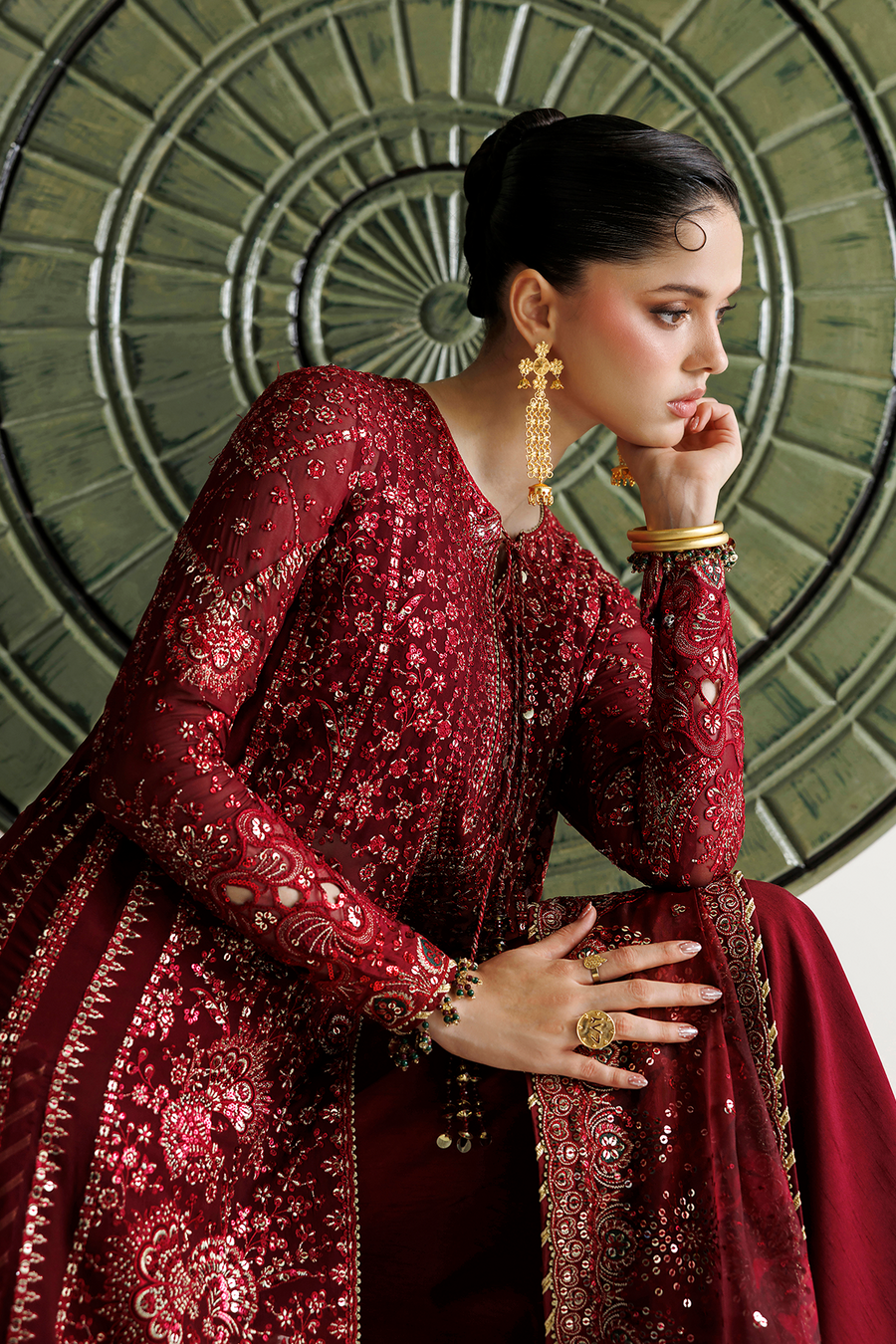 Deep Maroon Embroidered Chiffon 3-Piece Suit with Organza Dupatta