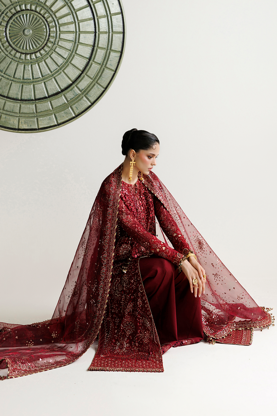 Deep Maroon Embroidered Chiffon 3-Piece Suit with Organza Dupatta