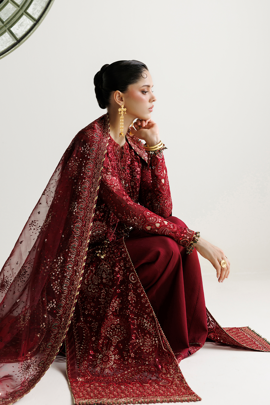 Deep Maroon Embroidered Chiffon 3-Piece Suit with Organza Dupatta