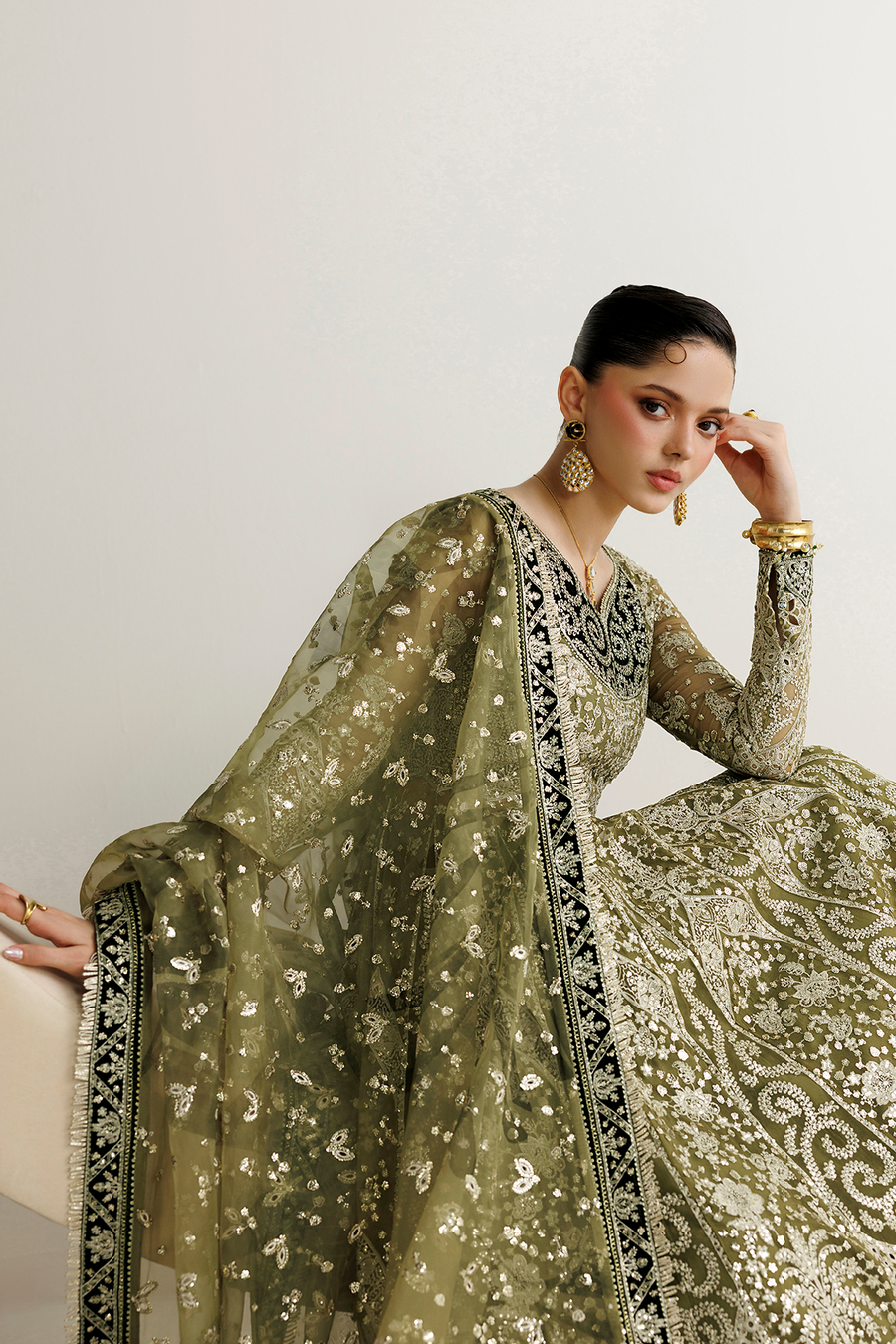 Embroidered Chiffon 3-Piece Formal Suit with Velvet Details