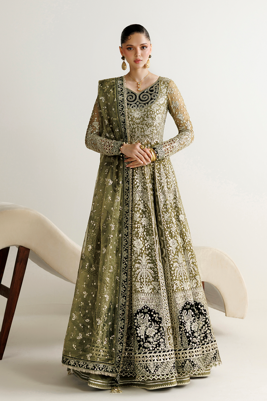 Embroidered Chiffon 3-Piece Formal Suit with Velvet Details