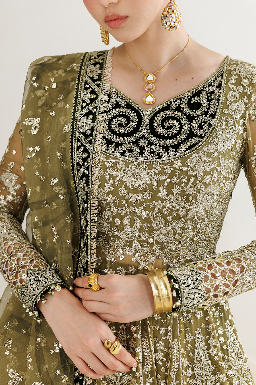 Embroidered Chiffon 3-Piece Formal Suit with Velvet Details