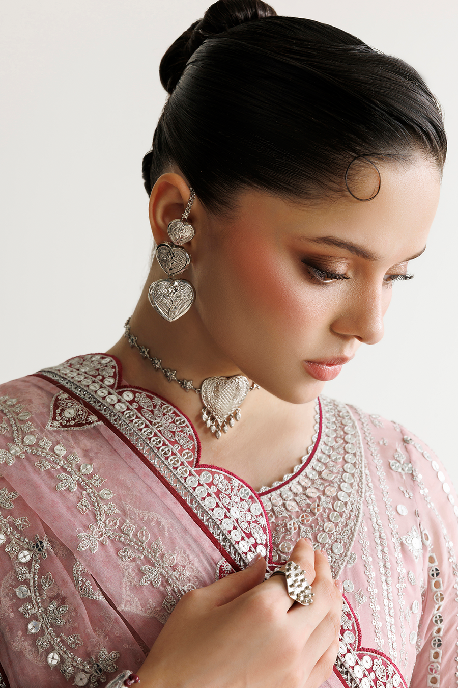 Blush Pink Embroidered Georgette Chiffon 3-Piece Suit with Organza Dupatta