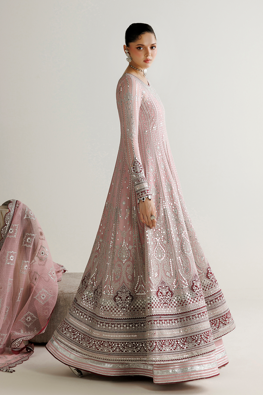 Blush Pink Embroidered Georgette Chiffon 3-Piece Suit with Organza Dupatta