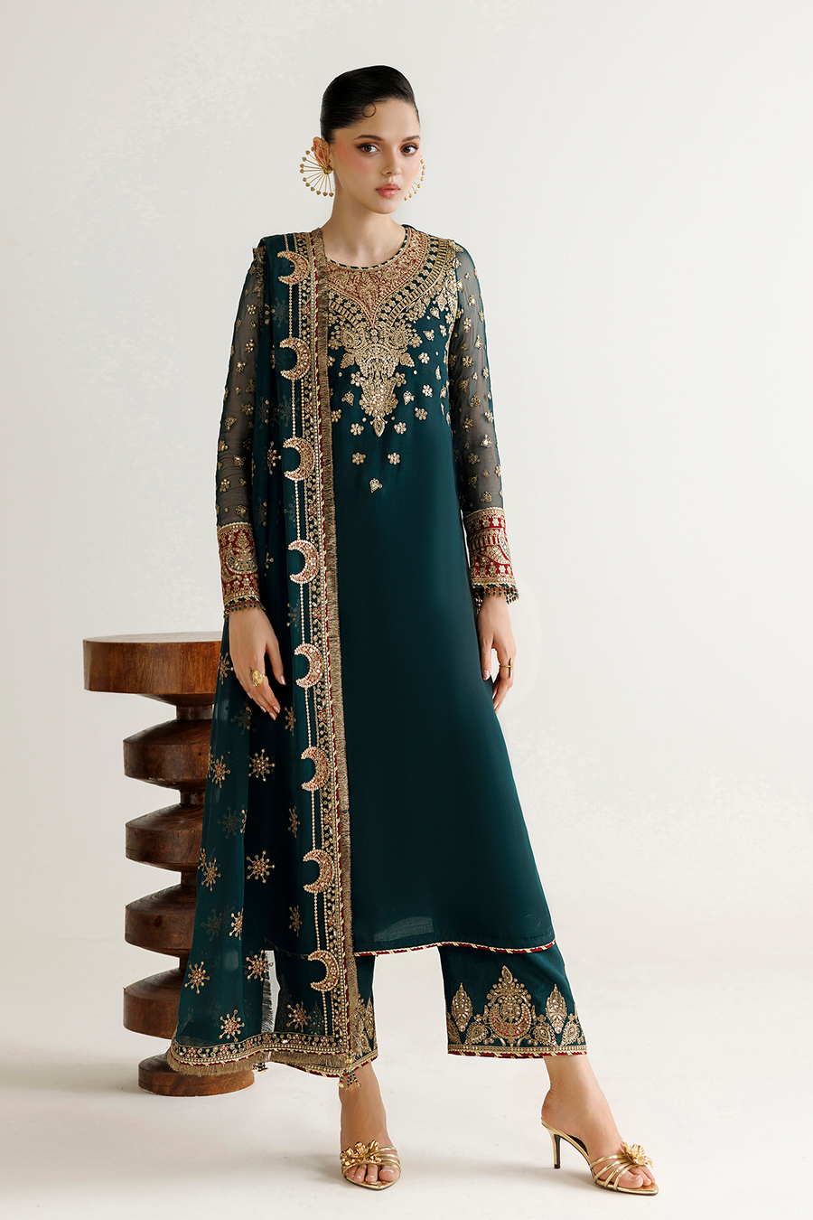 Deep Teal Embroidered Chiffon 3-Piece Suit with Ornate Dupatta