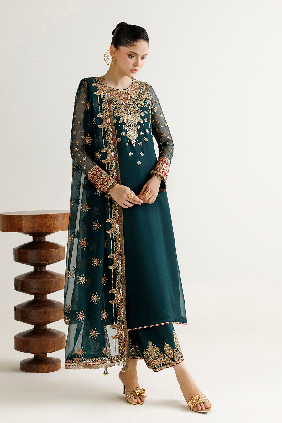 Deep Teal Embroidered Chiffon 3-Piece Suit with Ornate Dupatta