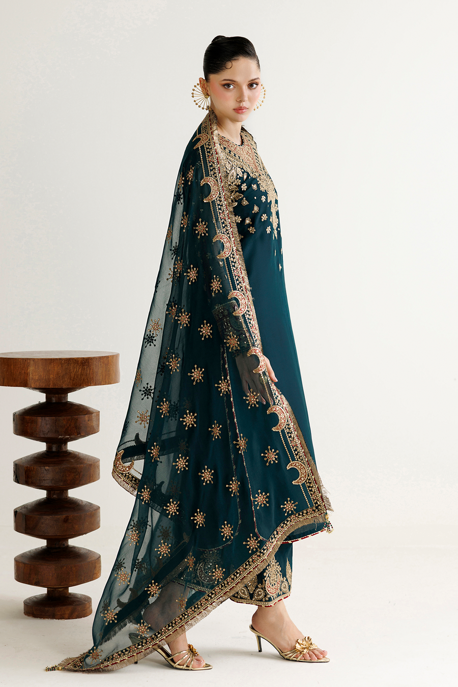 Deep Teal Embroidered Chiffon 3-Piece Suit with Ornate Dupatta