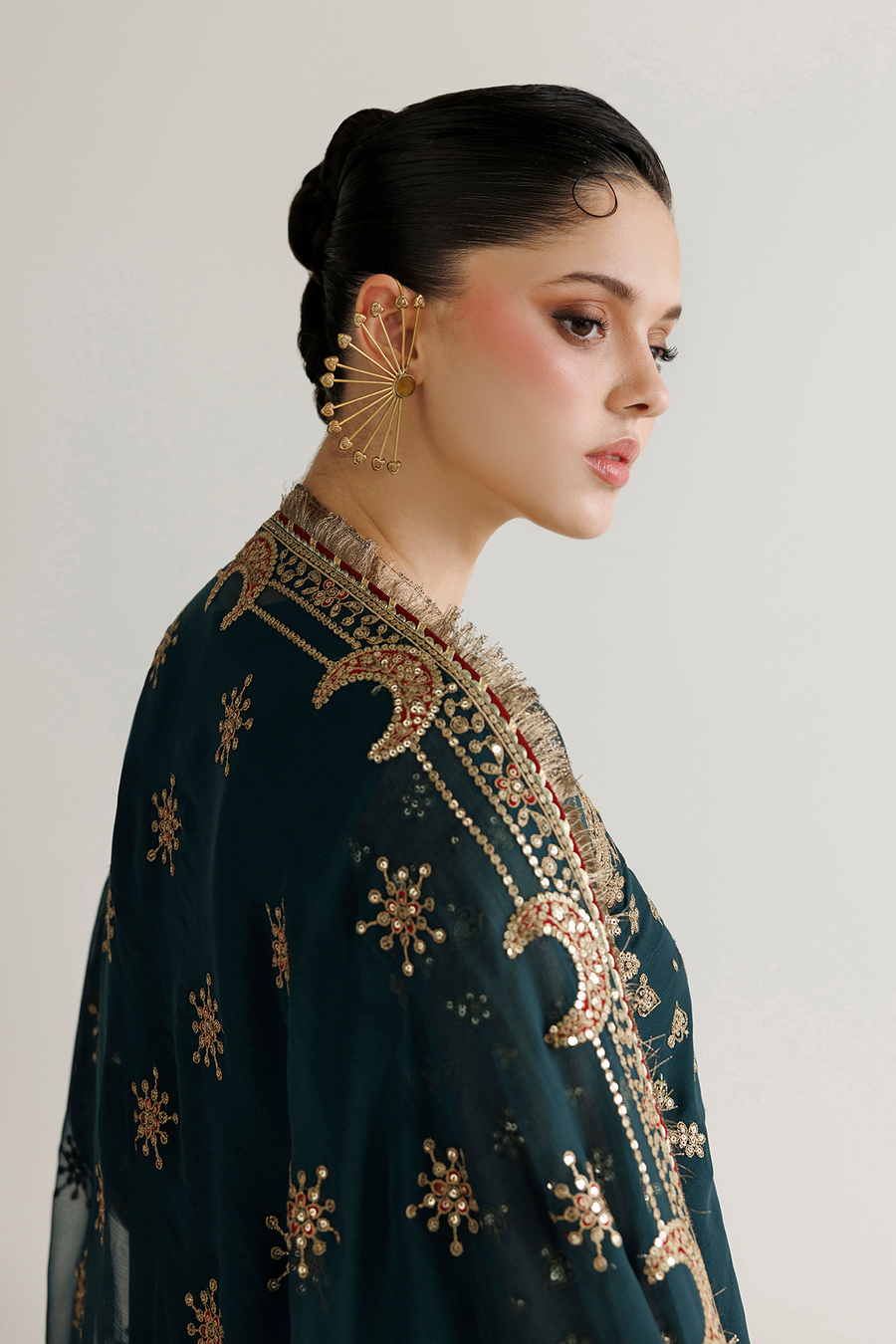 Deep Teal Embroidered Chiffon 3-Piece Suit with Ornate Dupatta