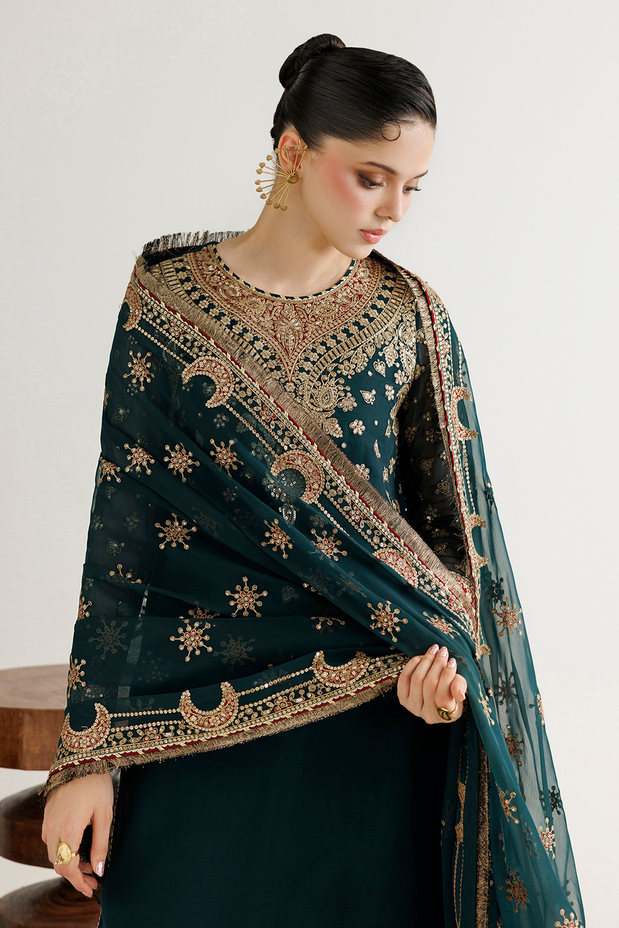Deep Teal Embroidered Chiffon 3-Piece Suit with Ornate Dupatta