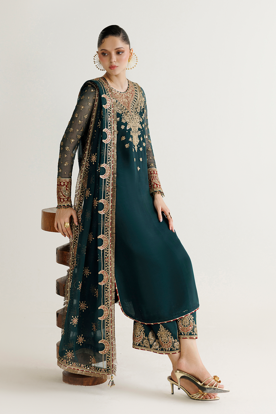 Deep Teal Embroidered Chiffon 3-Piece Suit with Ornate Dupatta