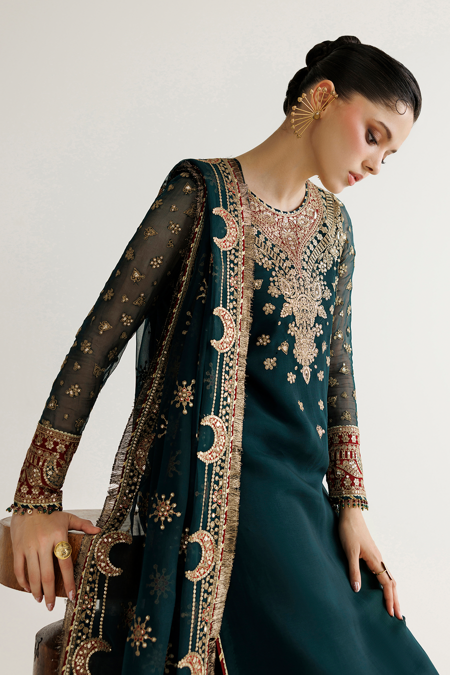 Deep Teal Embroidered Chiffon 3-Piece Suit with Ornate Dupatta