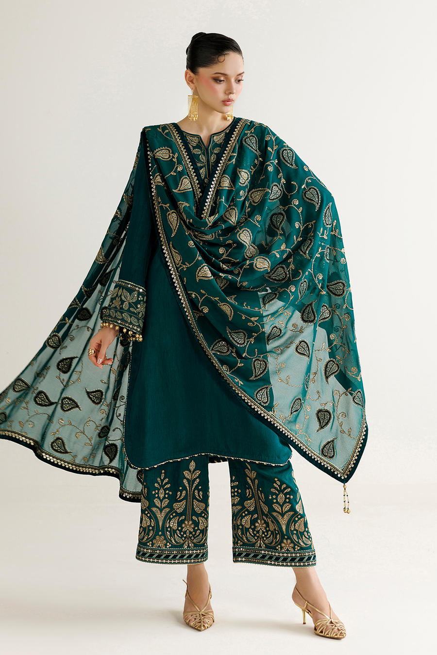 Emerald Green Embroidered Korean Raw Silk 3-Piece Suit with Chiffon Dupatta